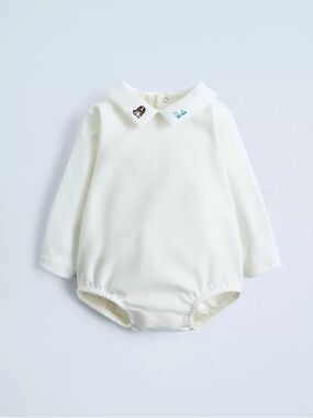 Zara Cream Long-Sleeve Baby One-Piece with Embroidered Collar